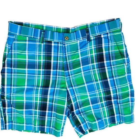NWOT PGA Tour Golf Blue Green  Plaid Flat Front Quick Dry Men’s Short Sz 34 - Picture 1 of 9